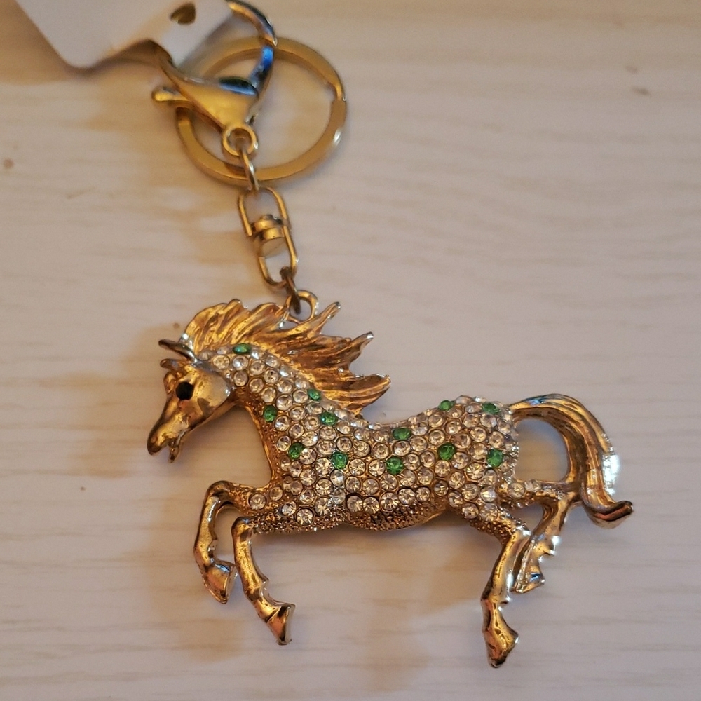 Gold and Green Rhinestone Horse Keychain